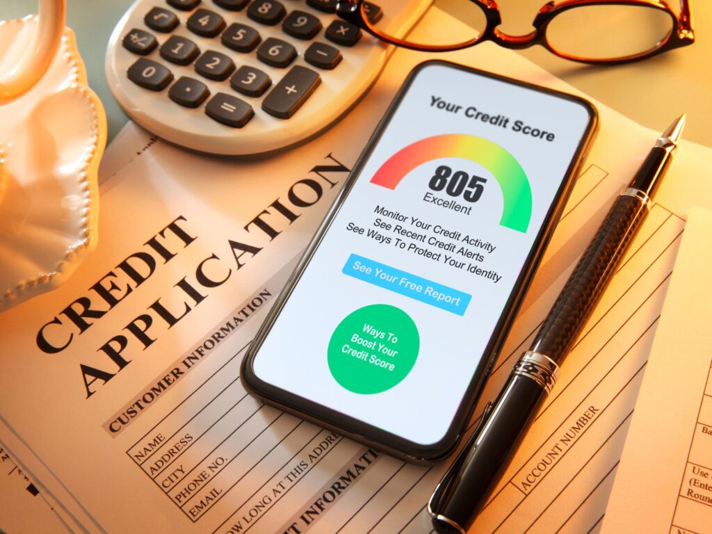 A credit application form with a credit score calculator.